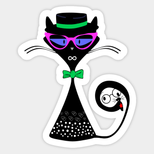 Vintage black cat with a hidden beaver in her tail Sticker